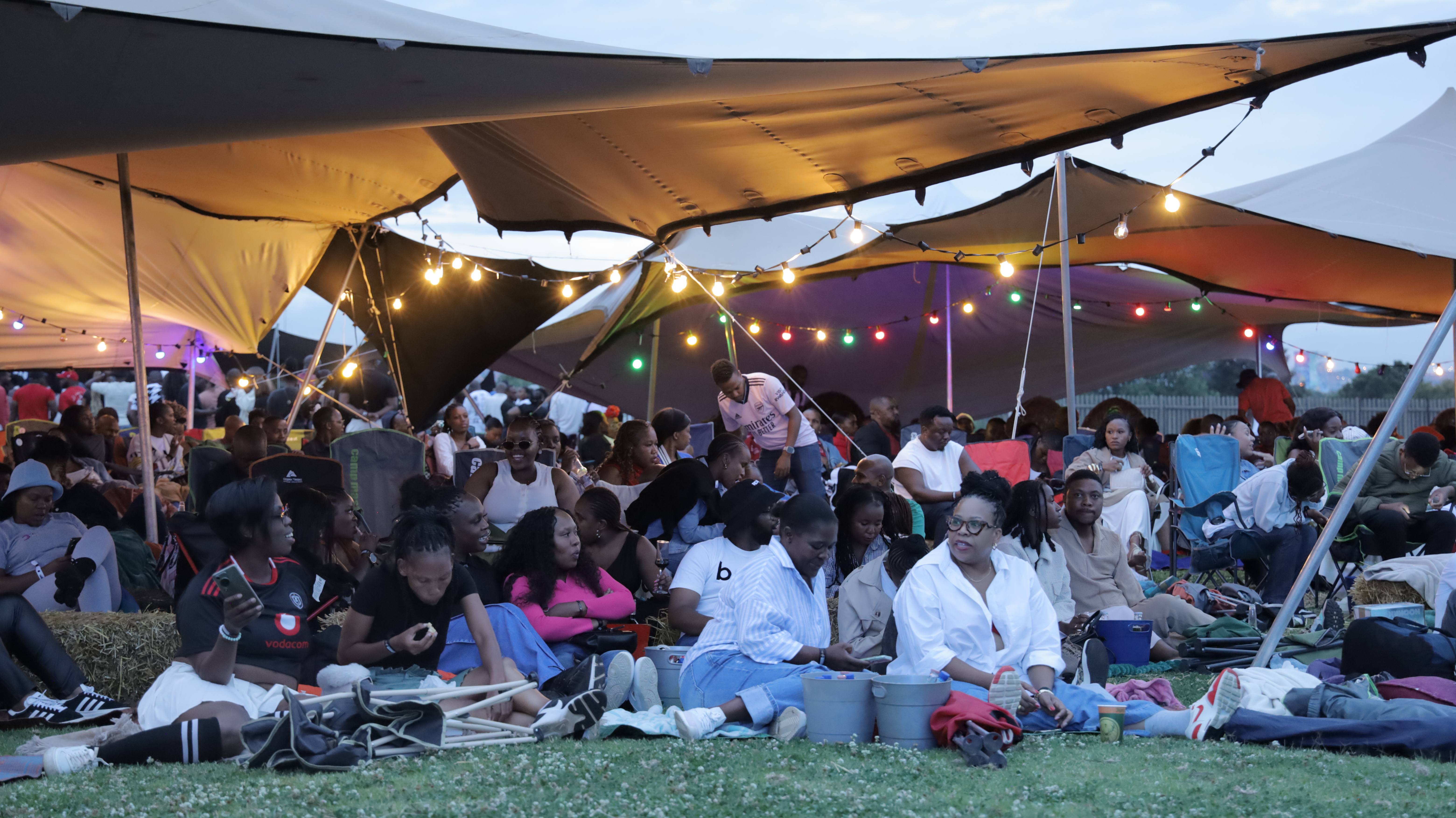 Crowd at outdoor cinema dusk