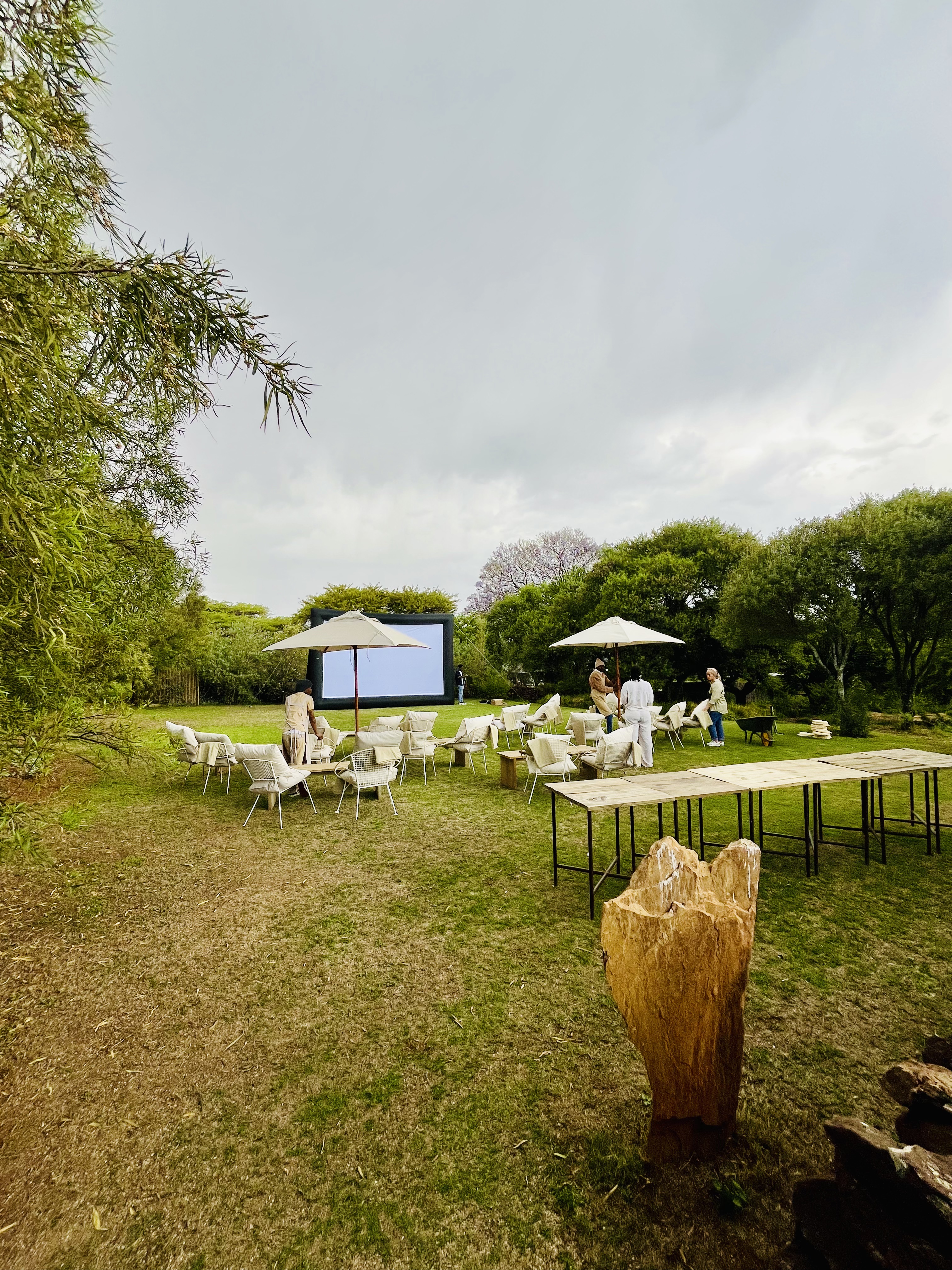 Garden outdoor cinema with chairs and screen
